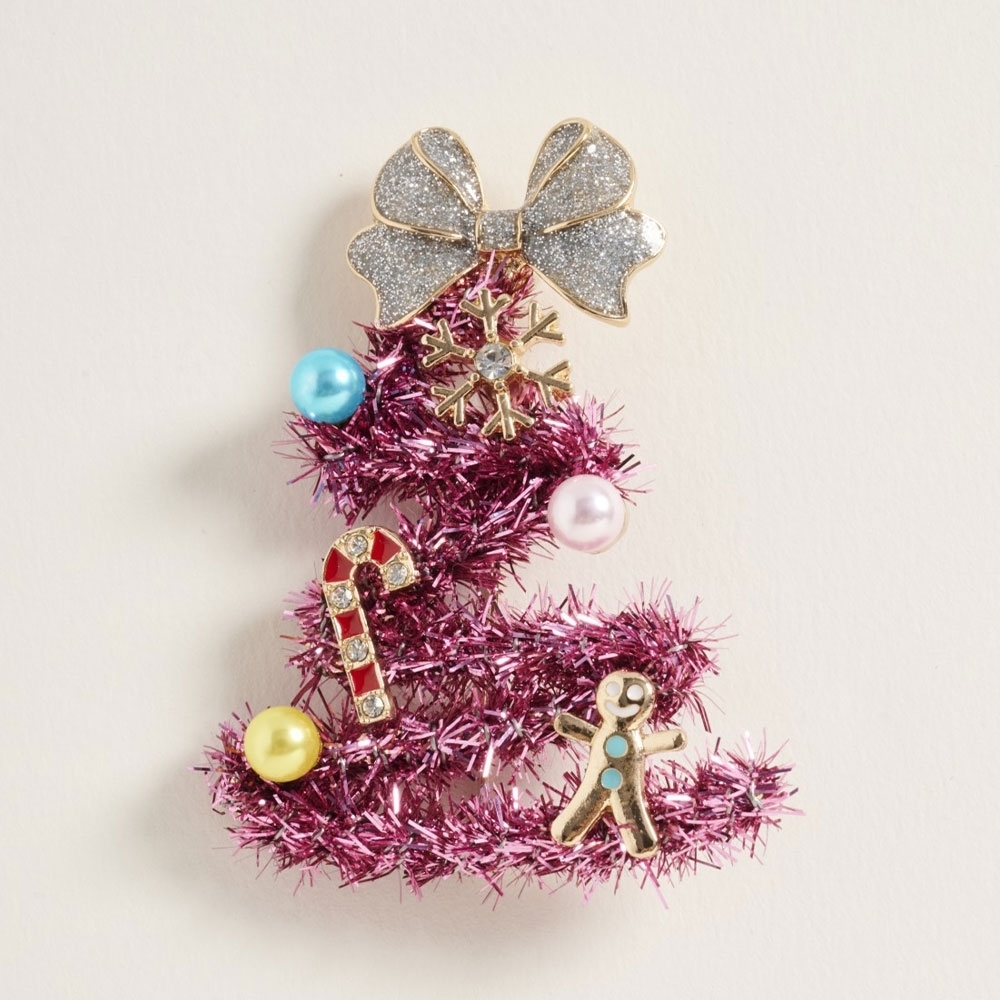 Pink Tinsel Bow Ornament Christmas Tree Brooch Pin Statement Holiday Accessory